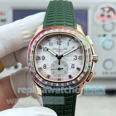 PPM Luxury Replica Patek Philippe Aquanaut Luce Rainbow Diamond Green Rubber Strap Watch 